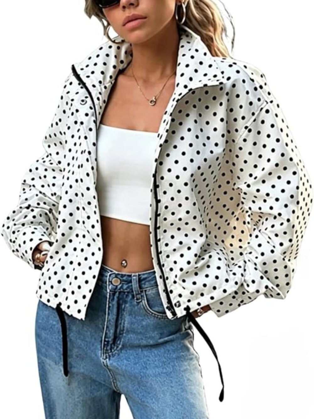 Women's Y2k Polka Dots Jacket Zip Up Streetwear Bomber Sporty Jacket - NWOT - M